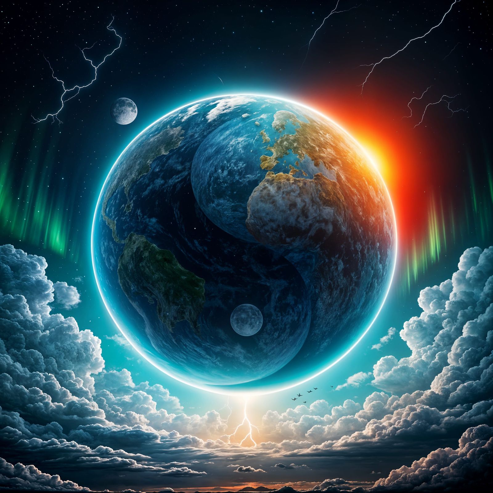 Surreal Yin and Yang Landscape with Northern Lights