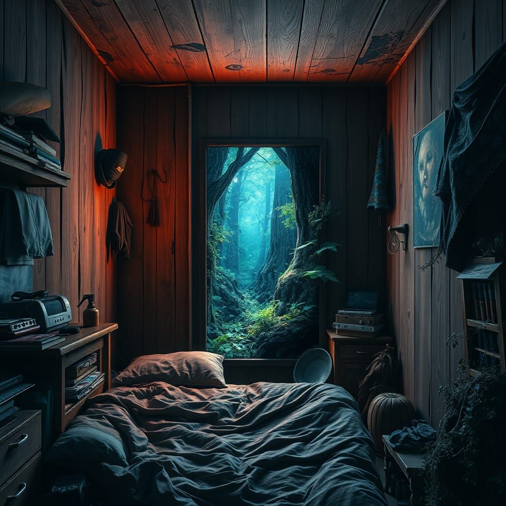 Mystical Forest Portal in a Cluttered Bedroom