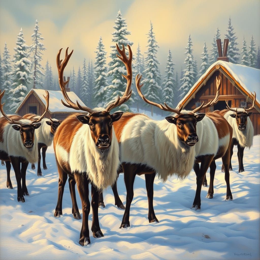 Oil Painting of Reindeer in Arctic Sami Village