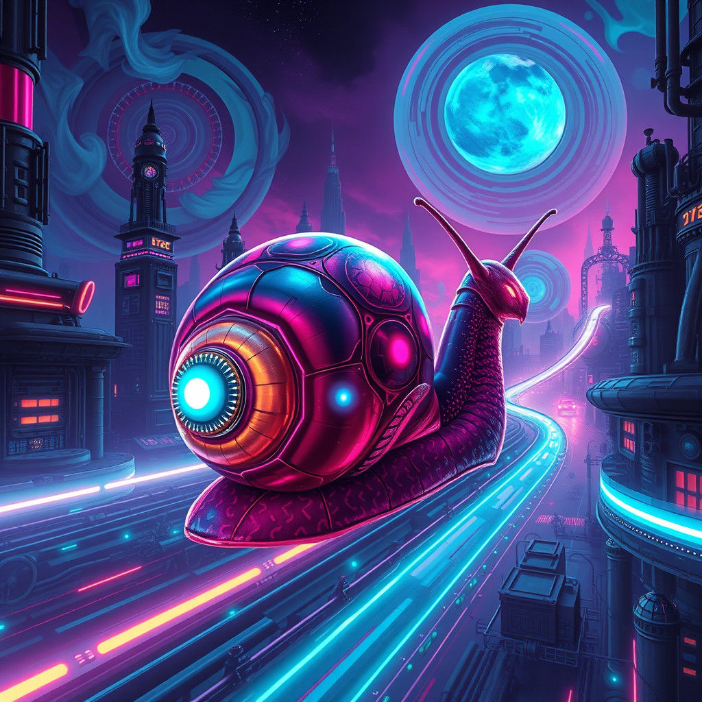 Cyberpunk Snail Hurtles Through Neon Metropolis