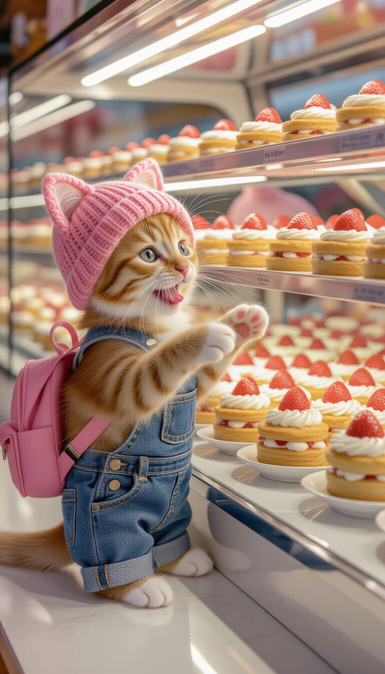 Adorable Kitten in Hat and Overalls at Bakery