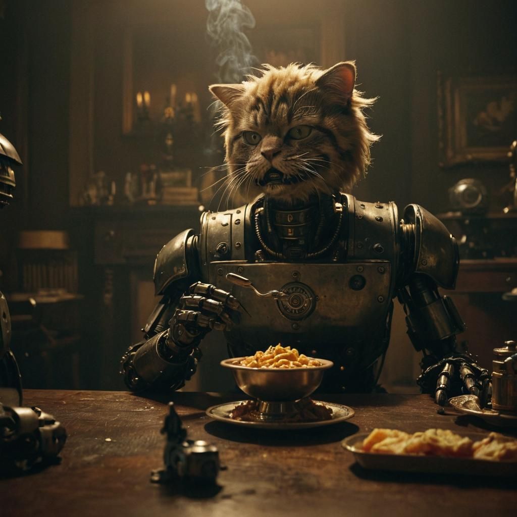 Robot Trump Eats Cat: A Steampunk Neoclassical Film Still