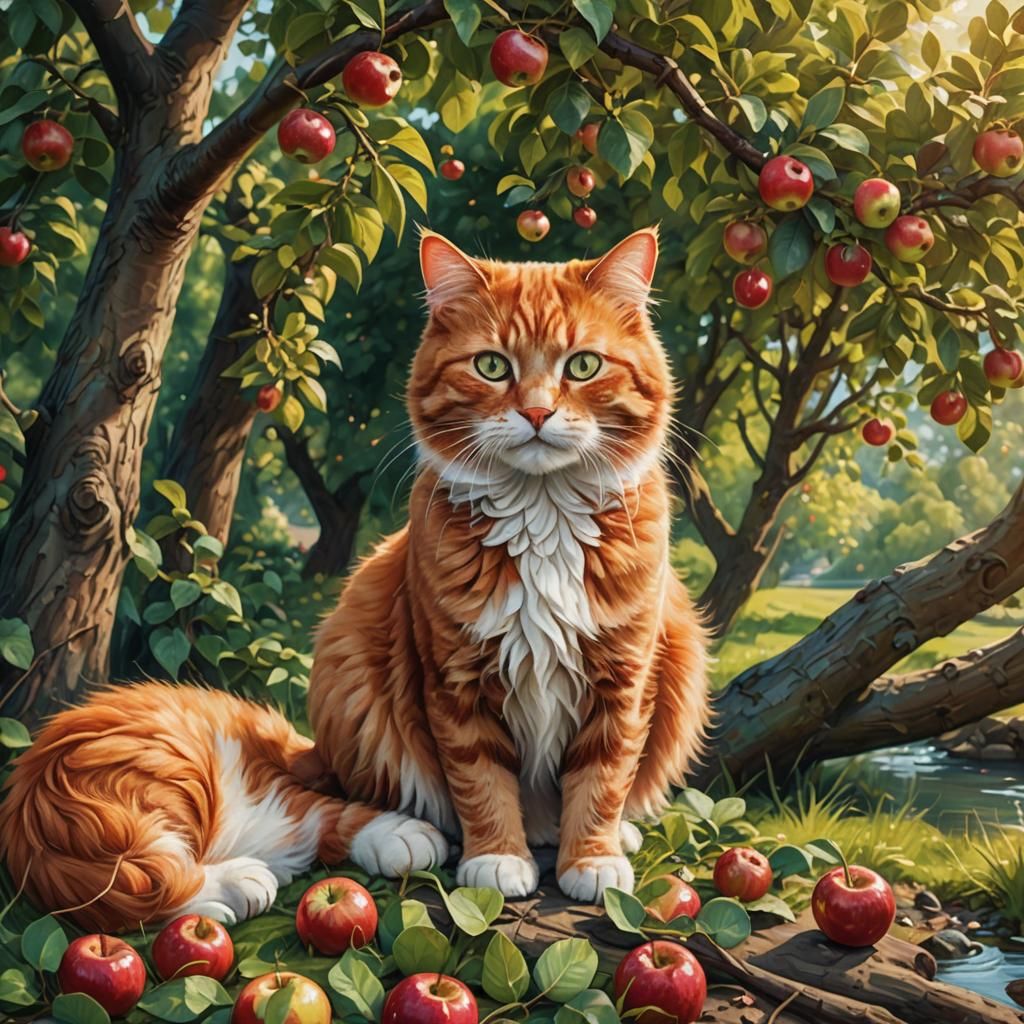 Ginger Cat in Fantasy Orchard, Oil Painting Style