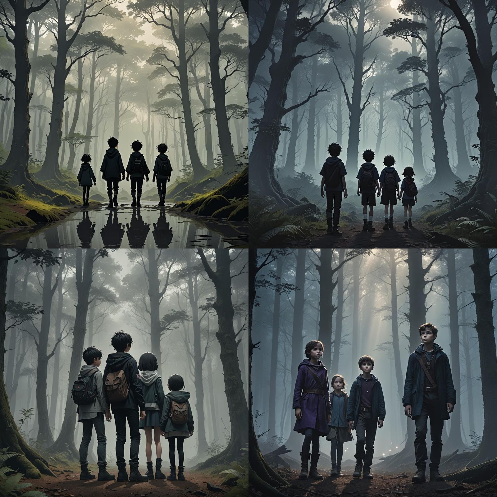Children Silhouetted in Gloomy Forest, Anime Art