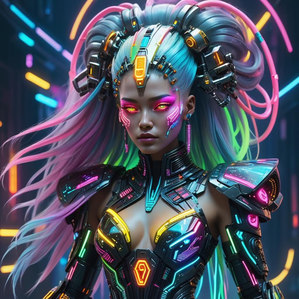 Futuristic Cyborg Queen in Neon Cyberpunk Style