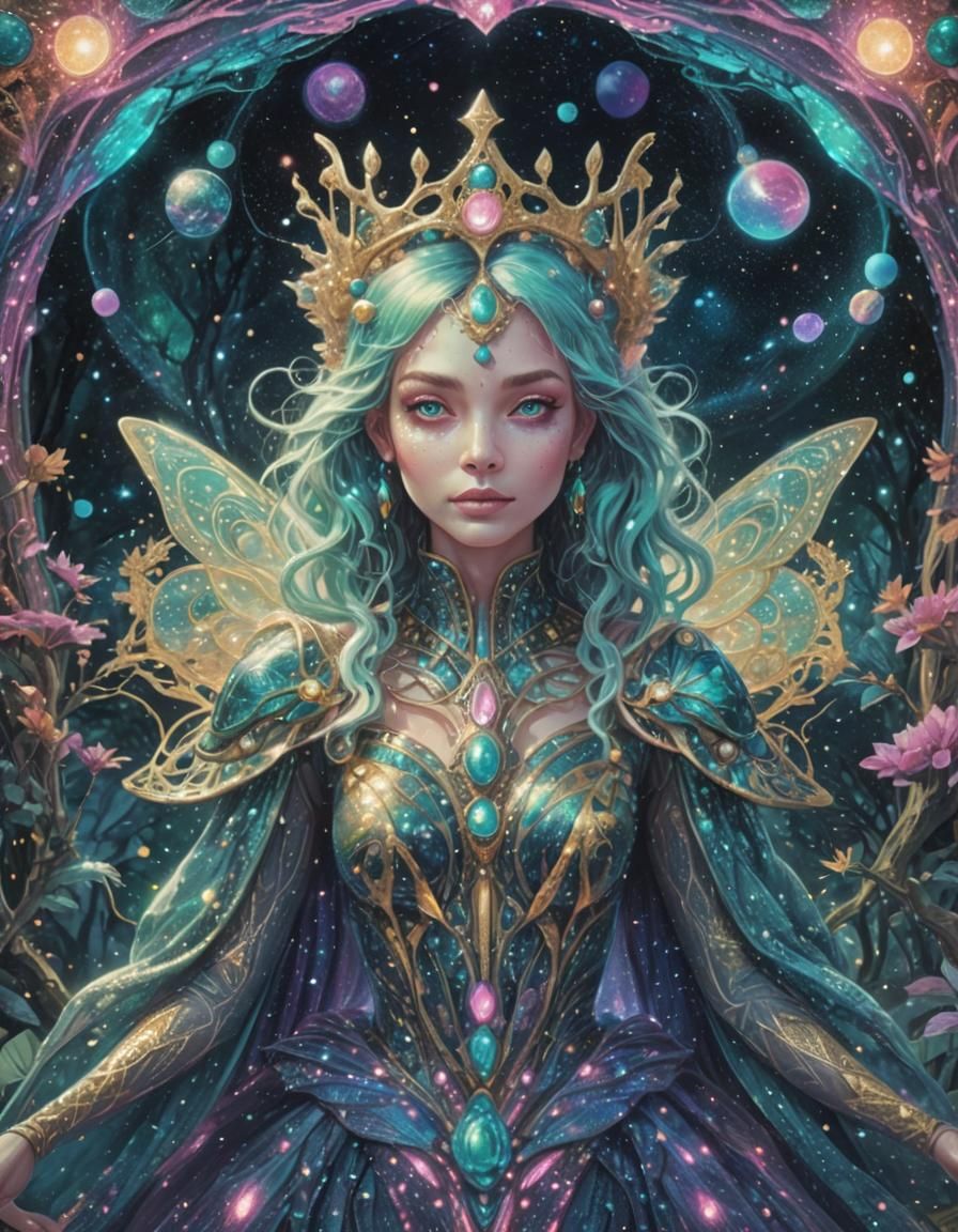 Alien Princess Exploring Forest in Space, Digital Art