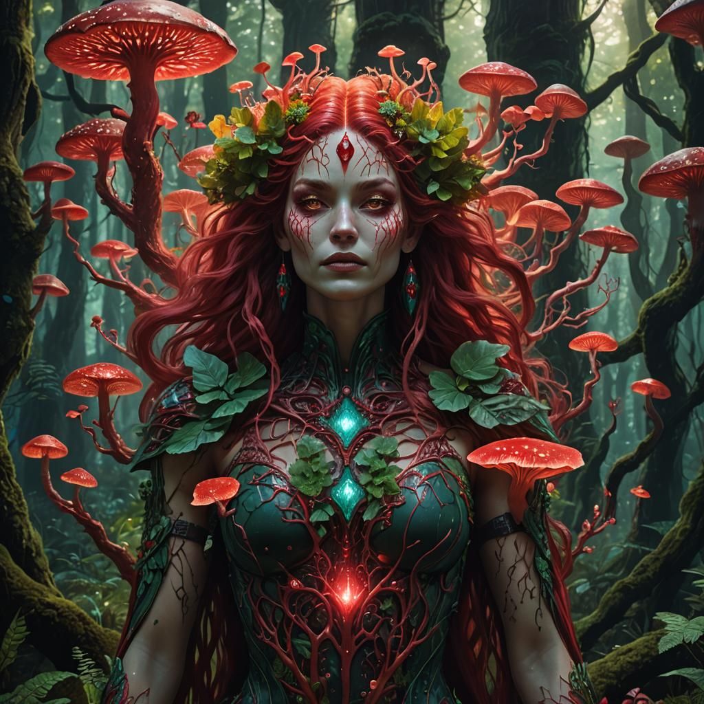 Ruby Mutant Woman in Bioluminescent Forest