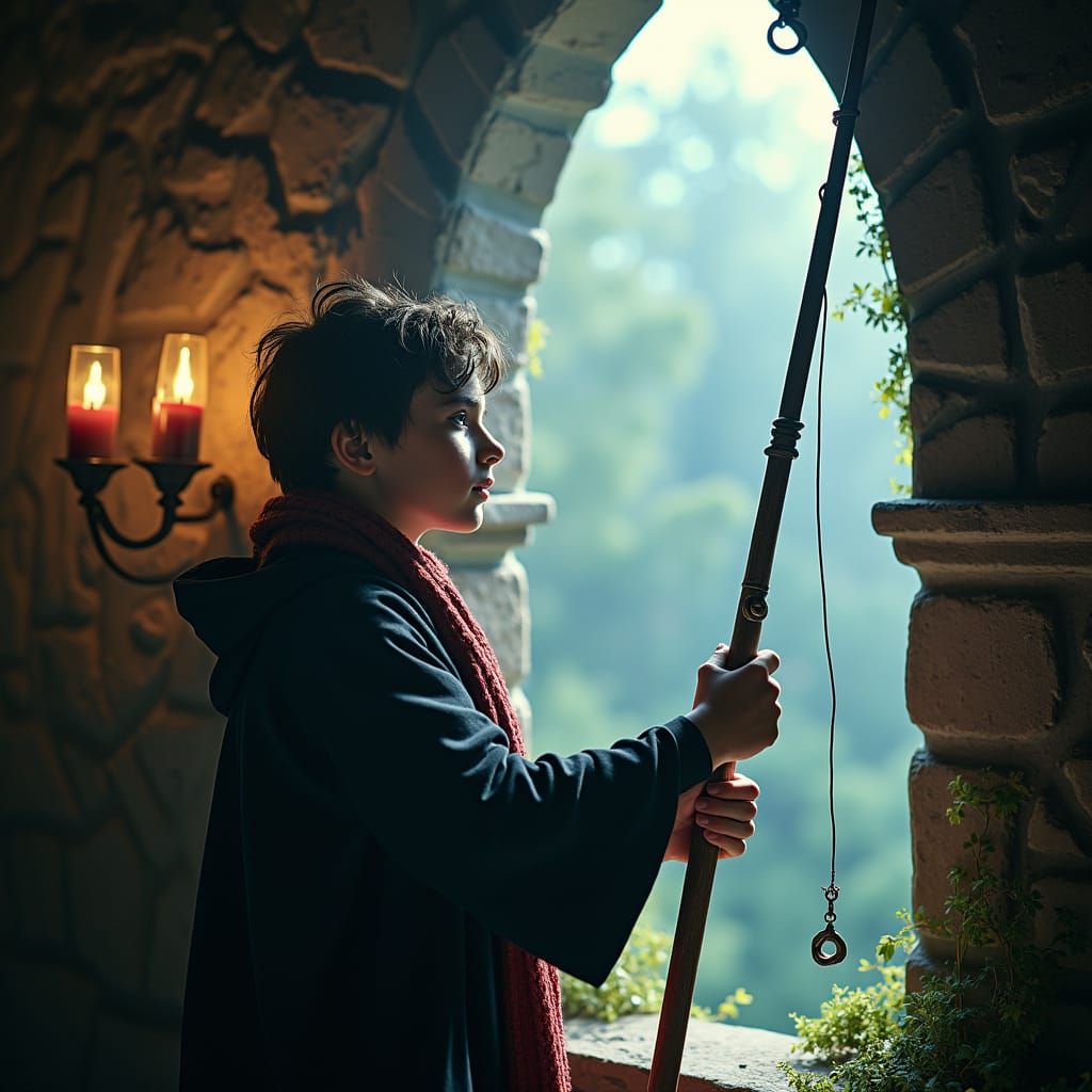 Harry Potter with Oversized Wand and Whimsical Scenery