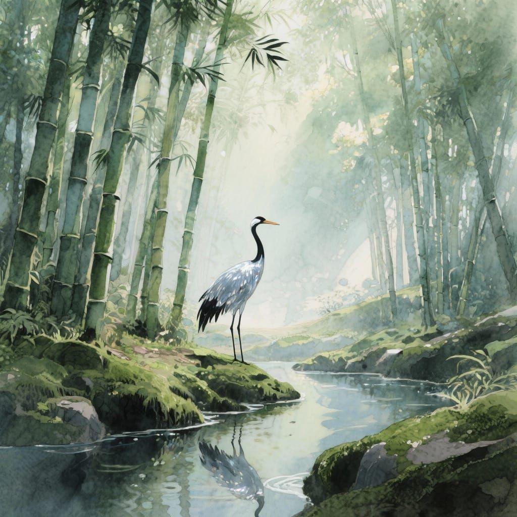 Dreamlike Bamboo Grove with Shimmering Crane in Watercolor S...