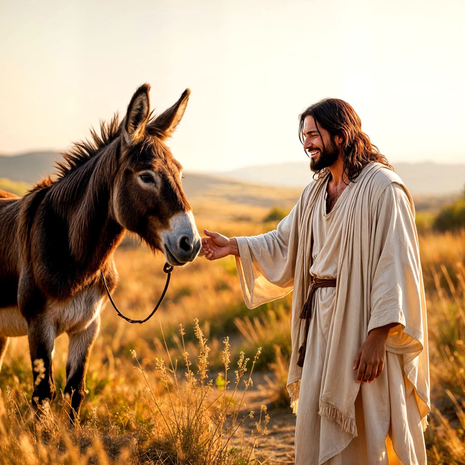Photorealistic Jesus Reaching for a Donkey