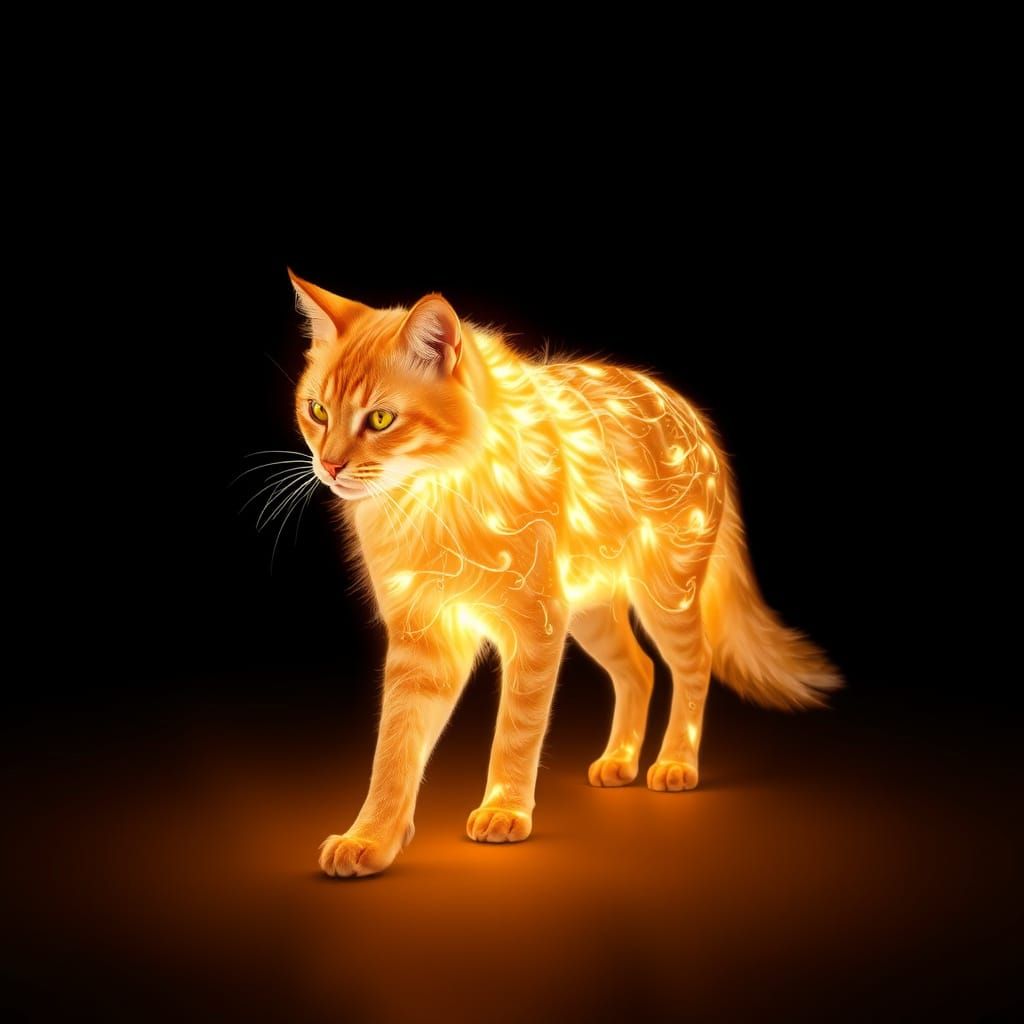 Glowing Ginger Cat Made of Light on Dark Background
