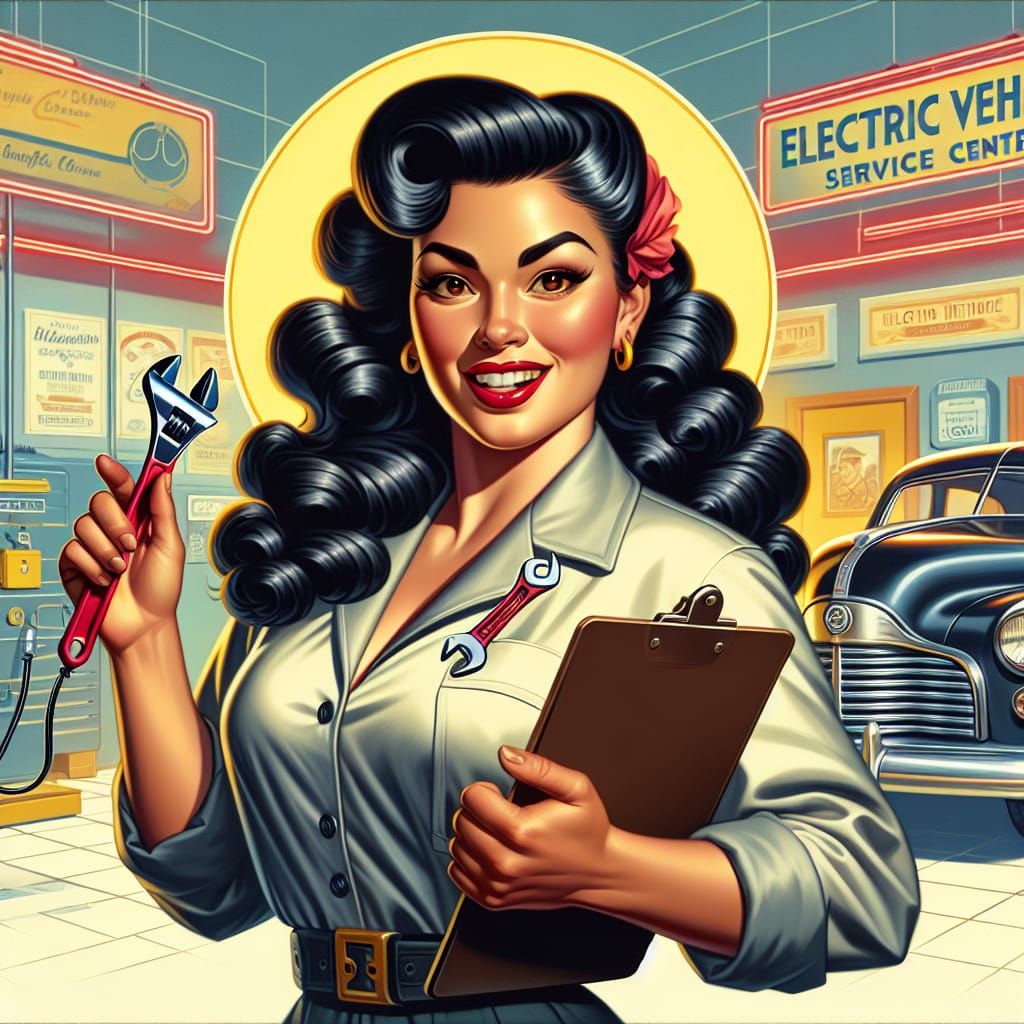 Pinup Latina Auto Engineer in 1940s Animation Style