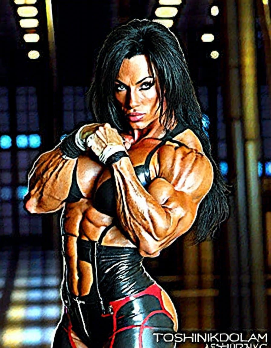 Beautiful Muscle Woman <lora:Wendy Mcmaster:1.0> at the age 23, as Gothic vampire rockstar, wearing a future tech rock b...