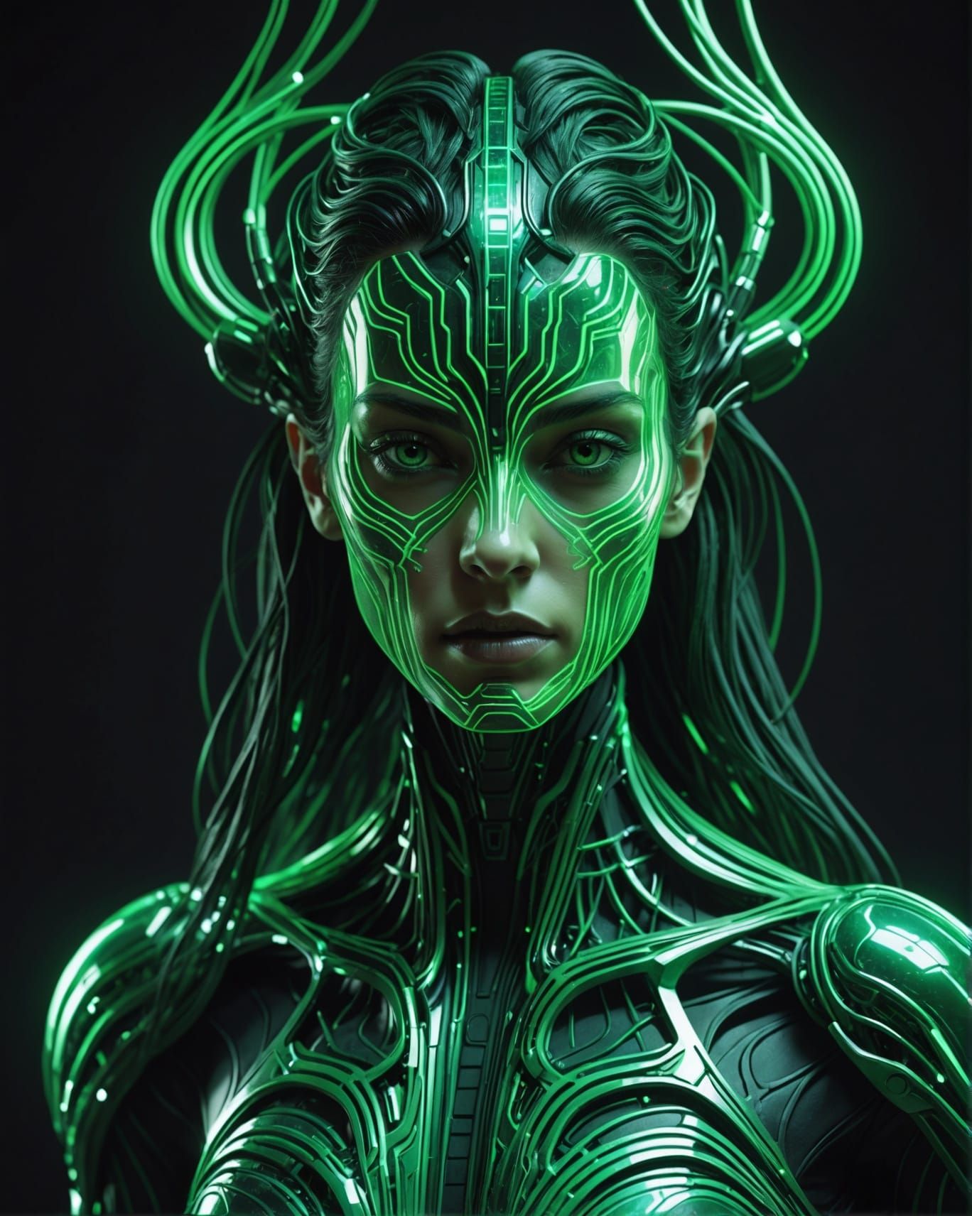 Holographic Woman in Flowing Green Lines