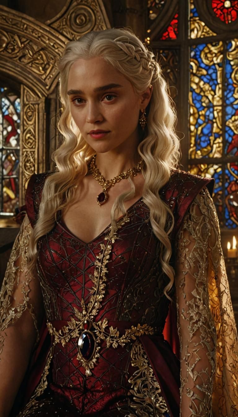 Queen Targaryen in Opulent Throne Room: Photorealistic Still