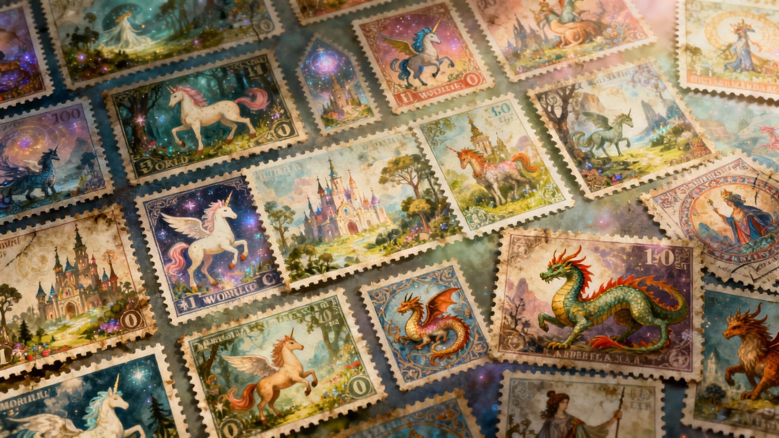 Fantasy Stamp Collection with Mythical Creatures and Castles
