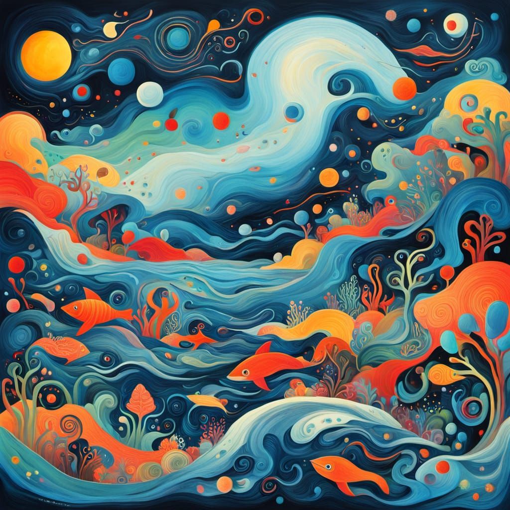 Abstract Bioluminescent Ocean Landscape in Miró Style