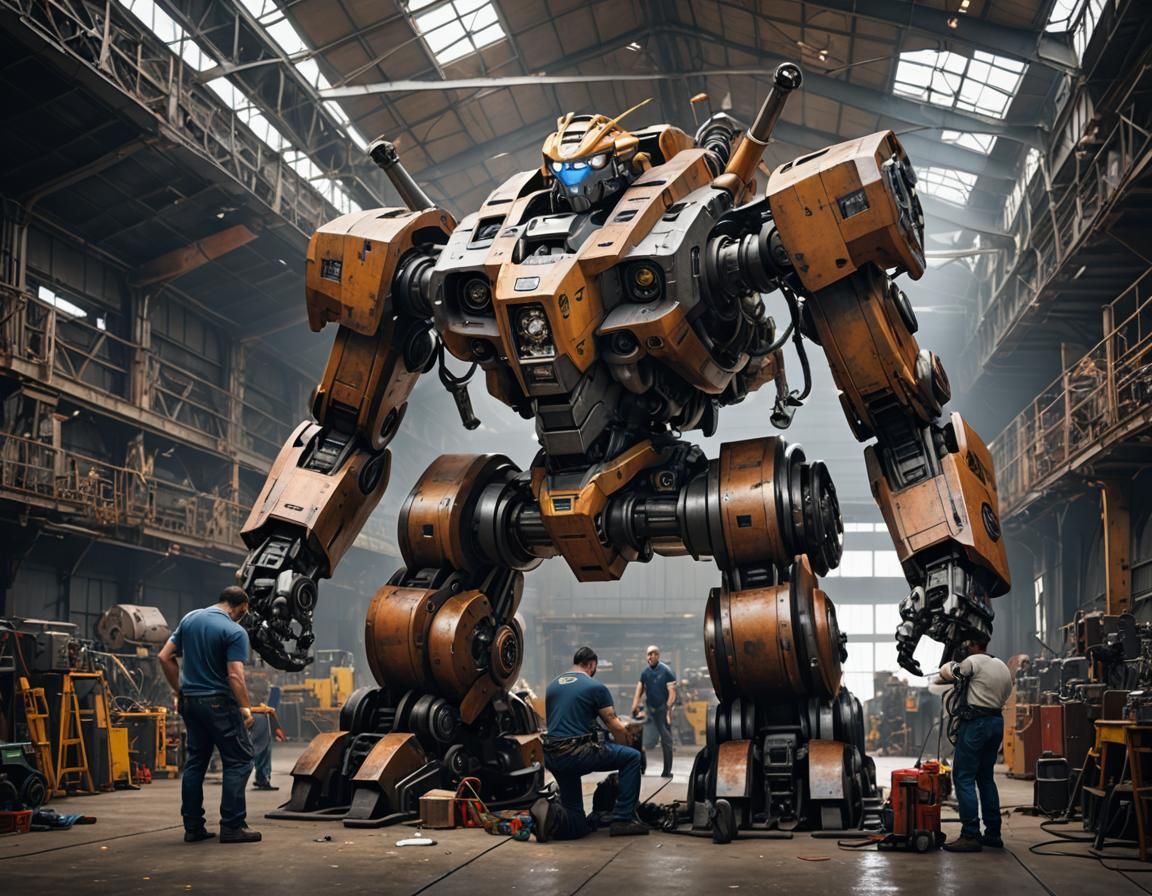 Mechanics Repairing Gritty Mecha Robot in Hangar