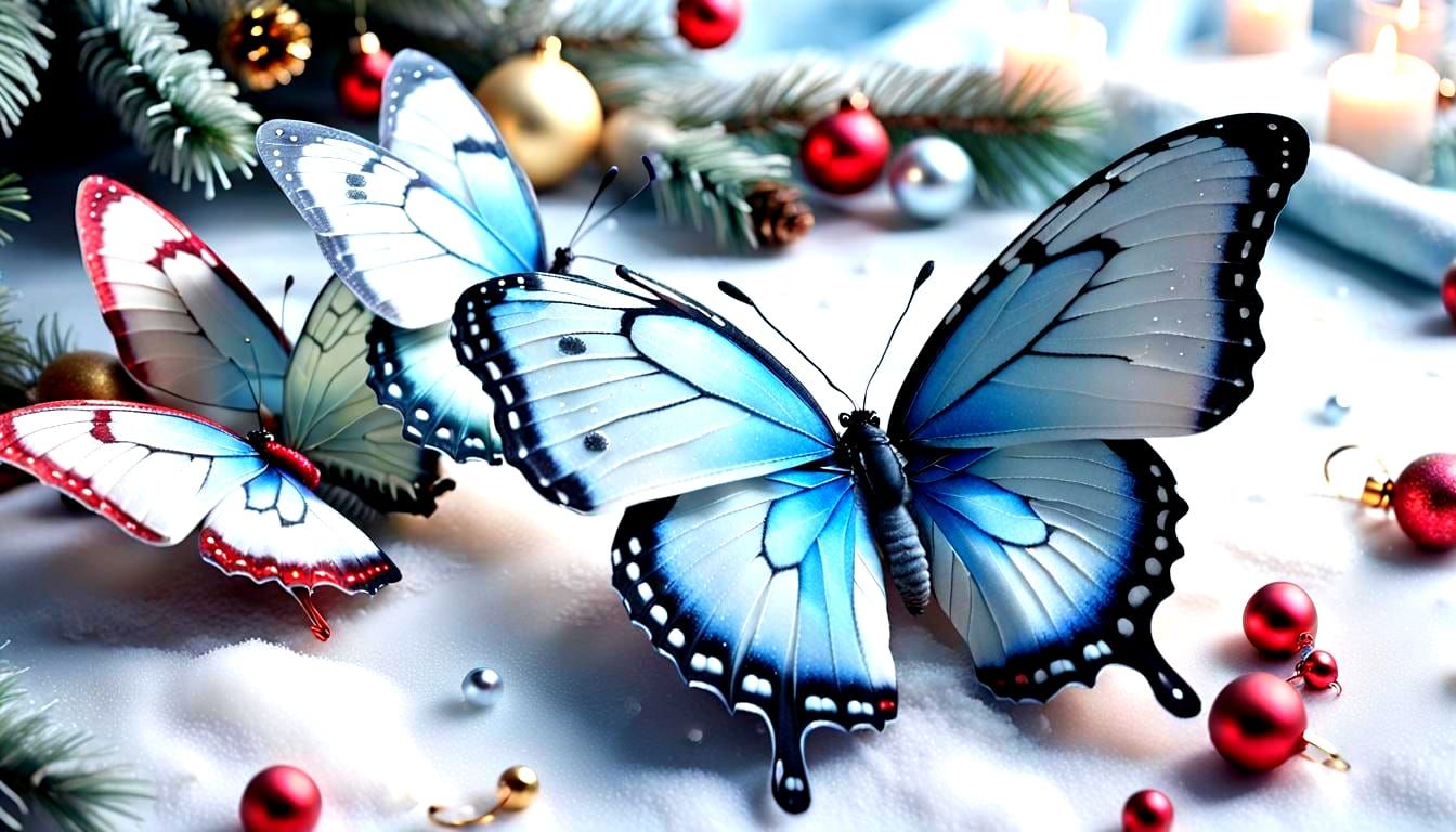 Surreal Christmas Butterflies in Frosty Landscape