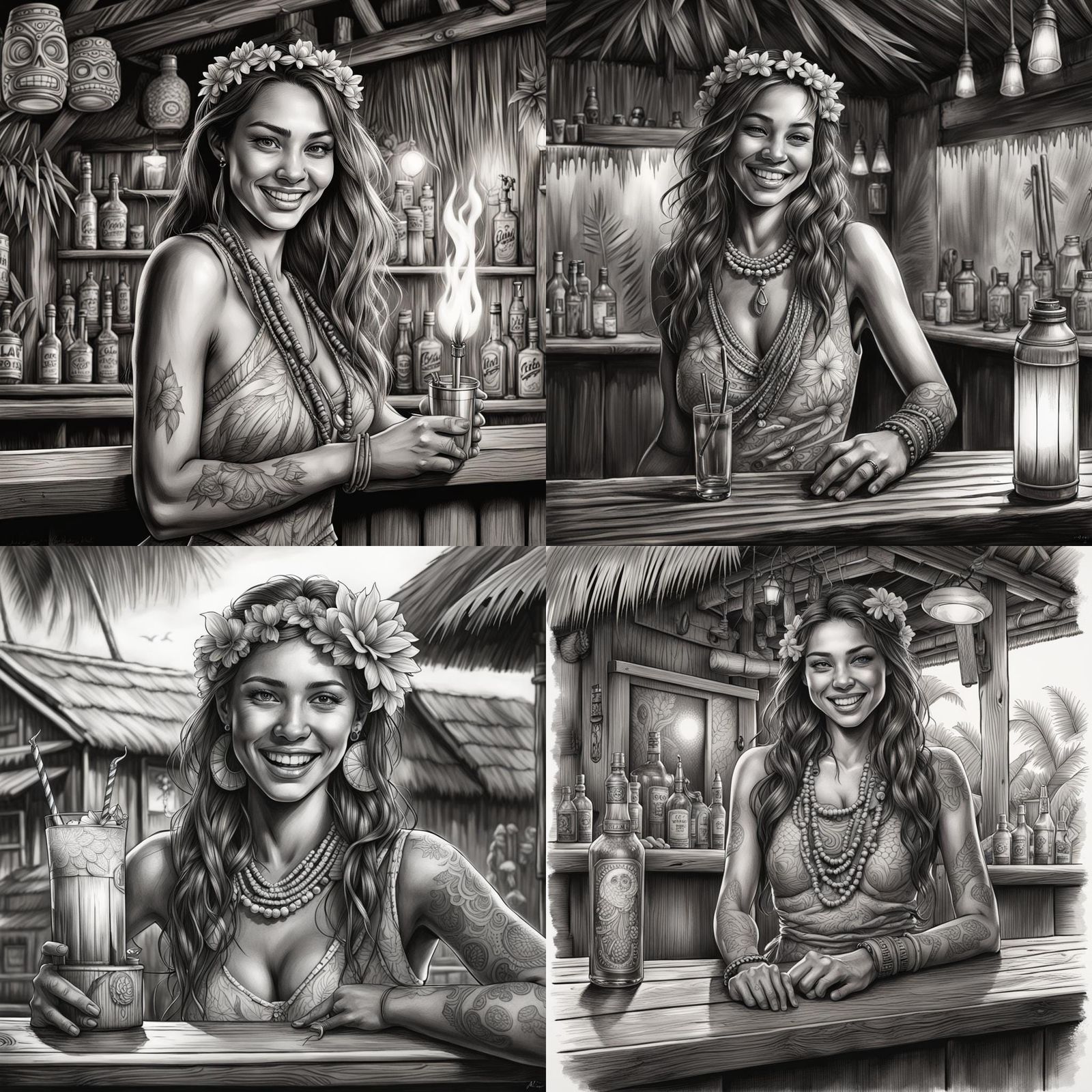 Happy Hula Girl and Tiki Bar in Line Art Style