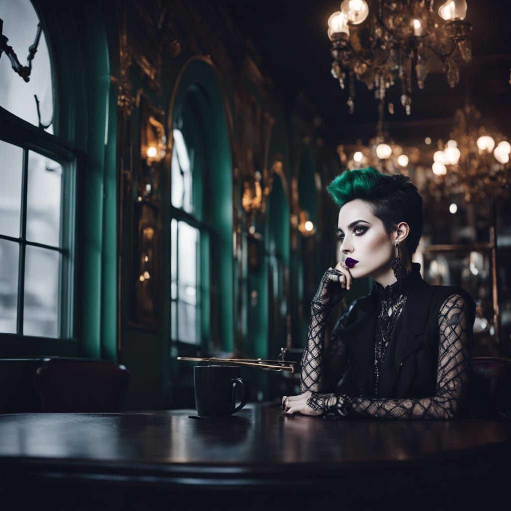 Gothic Model in Coffee Shop: Tim Burton Inspired Photography