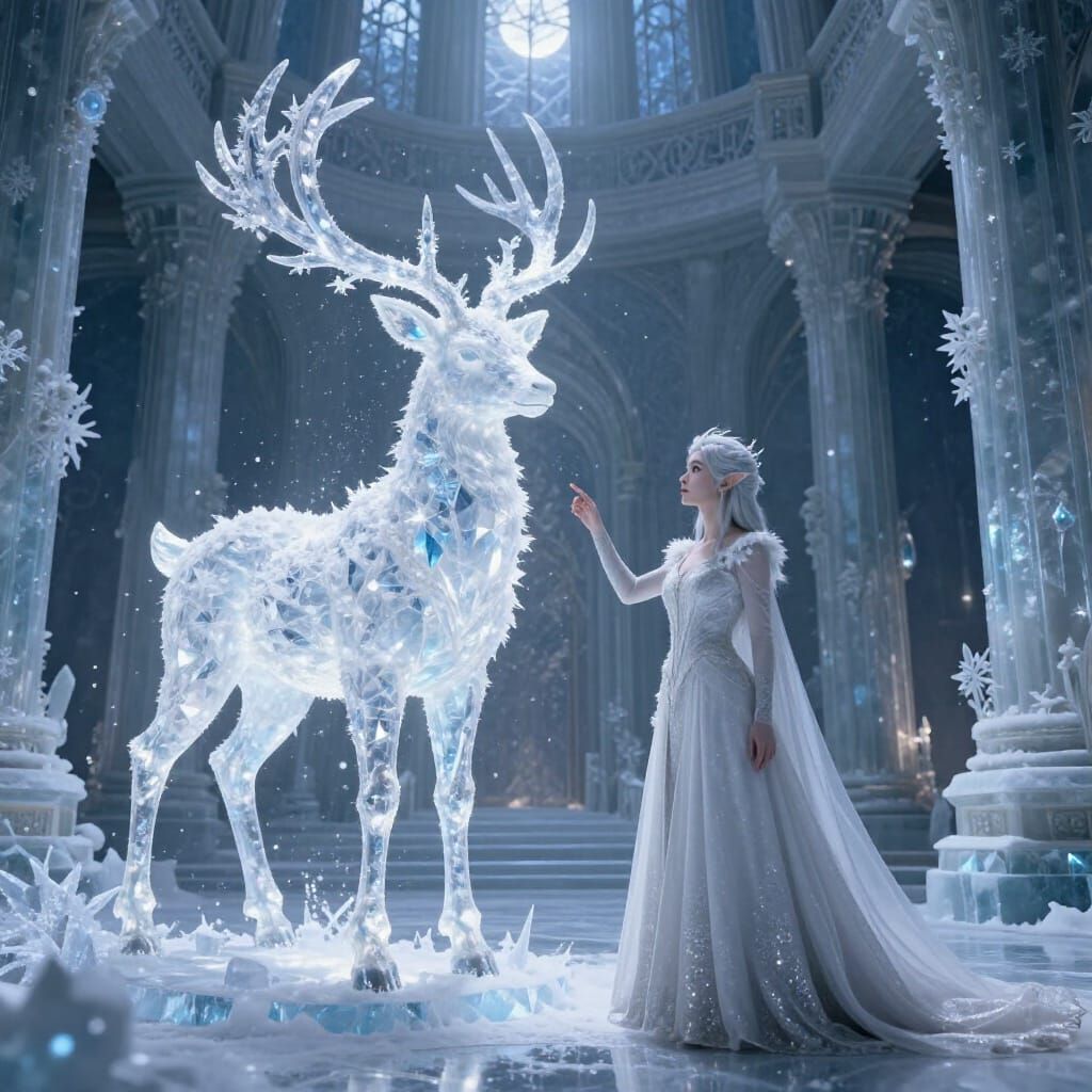 Elegant Snow Elf Conjures Crystalline Stag in Ice Palace
