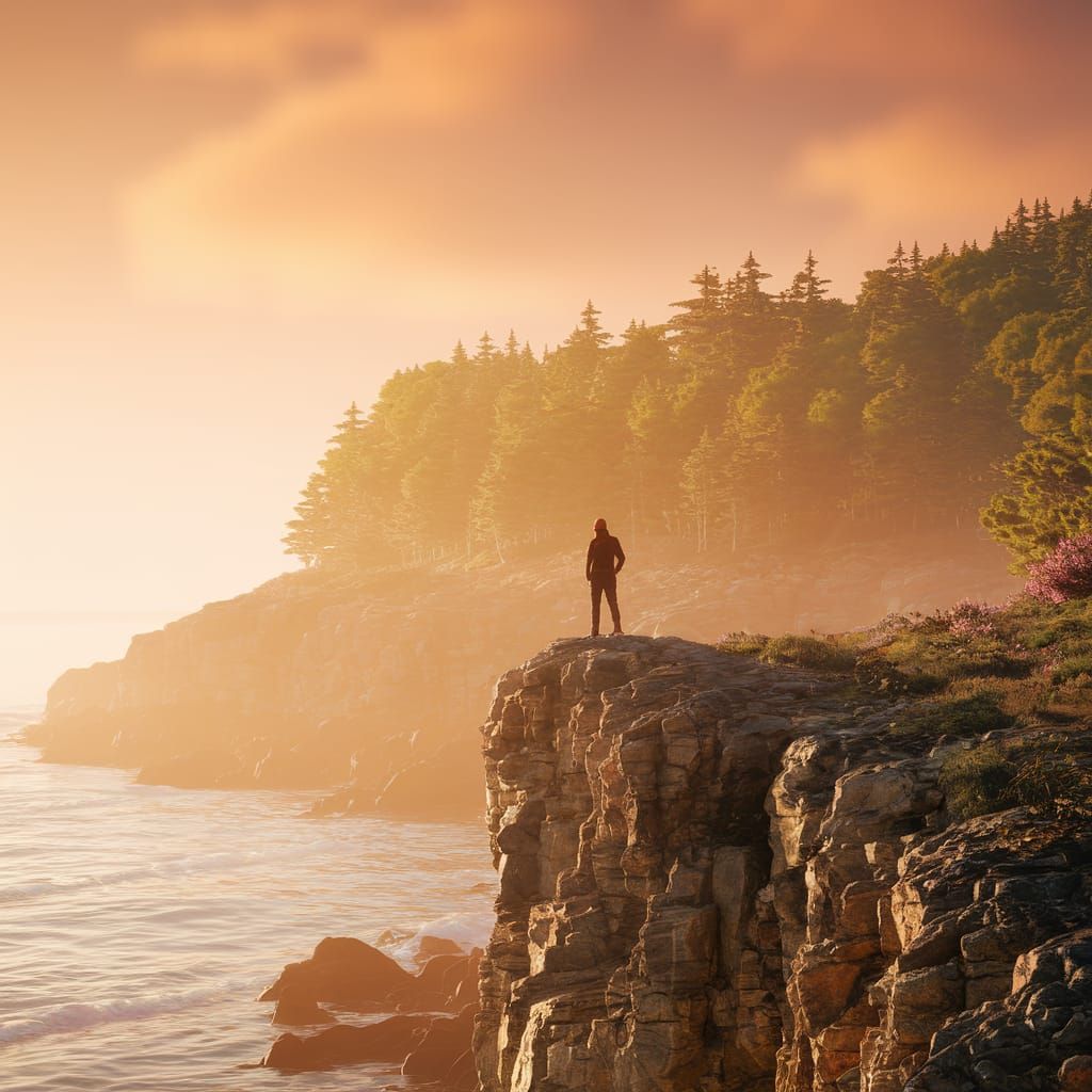 Golden Sunset Figure Amidst Vast Ocean Landscape