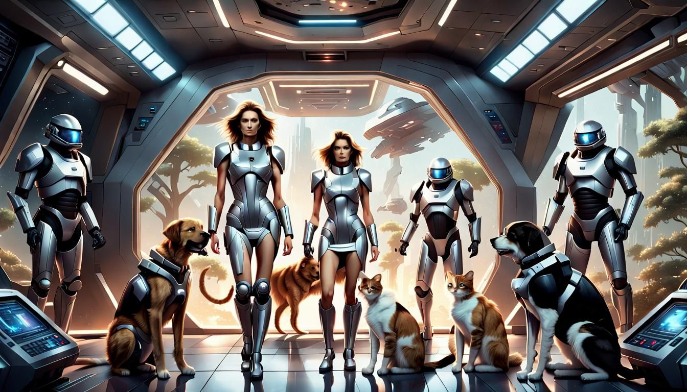 Armored Pets and Robots on Spaceship in Spacecore Style
