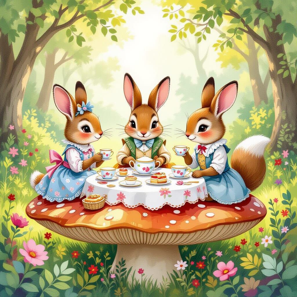 Woodland Creatures Tea Party on Mushroom in Glade