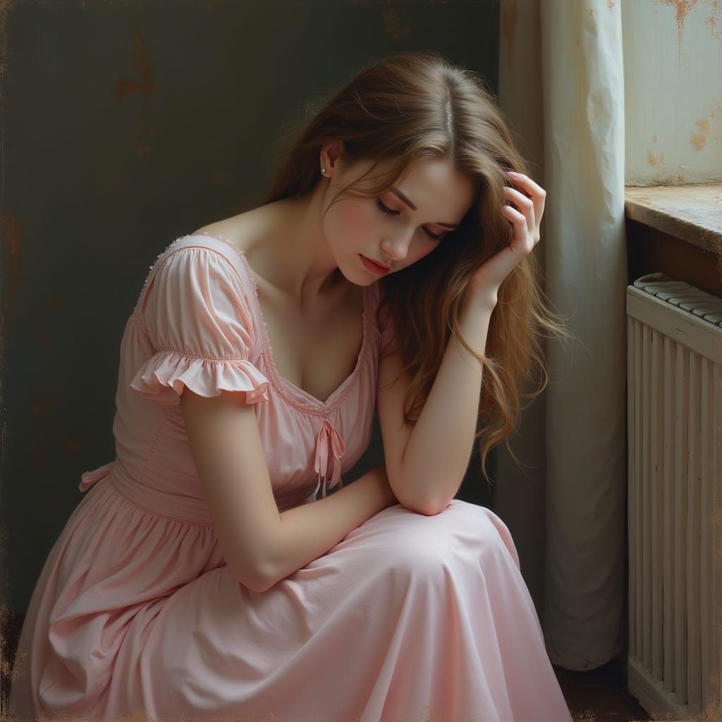 Pensive Woman in Pink Dress with Lost Hair, Painterly Style