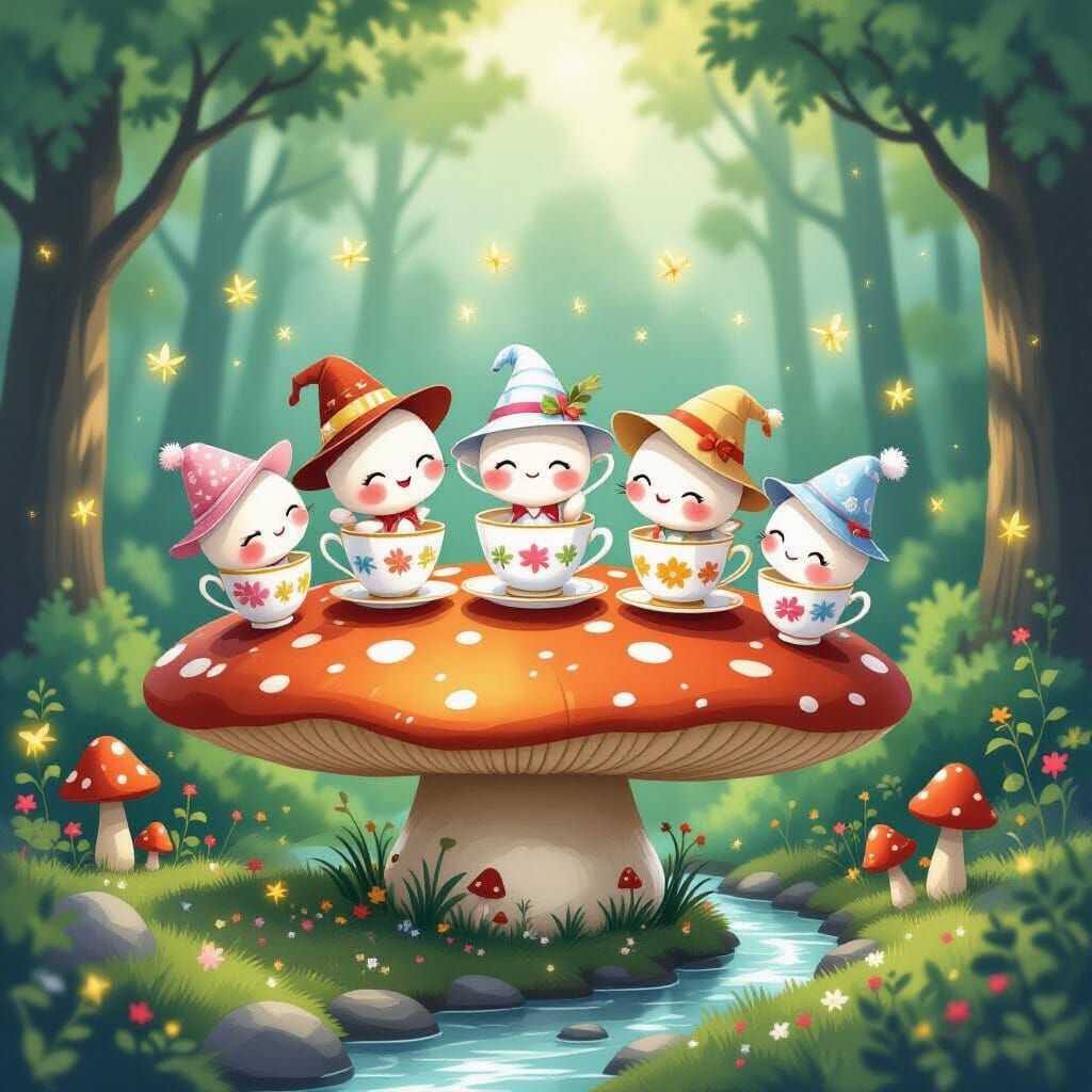 Whimsical Teacup Tea Party on Giant Mushroom