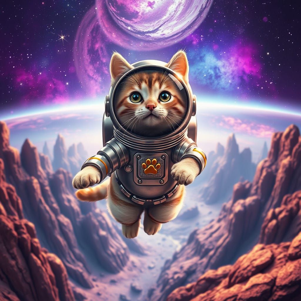 Futuristic Feline Astronaut in Whimsical Alien Landscape
