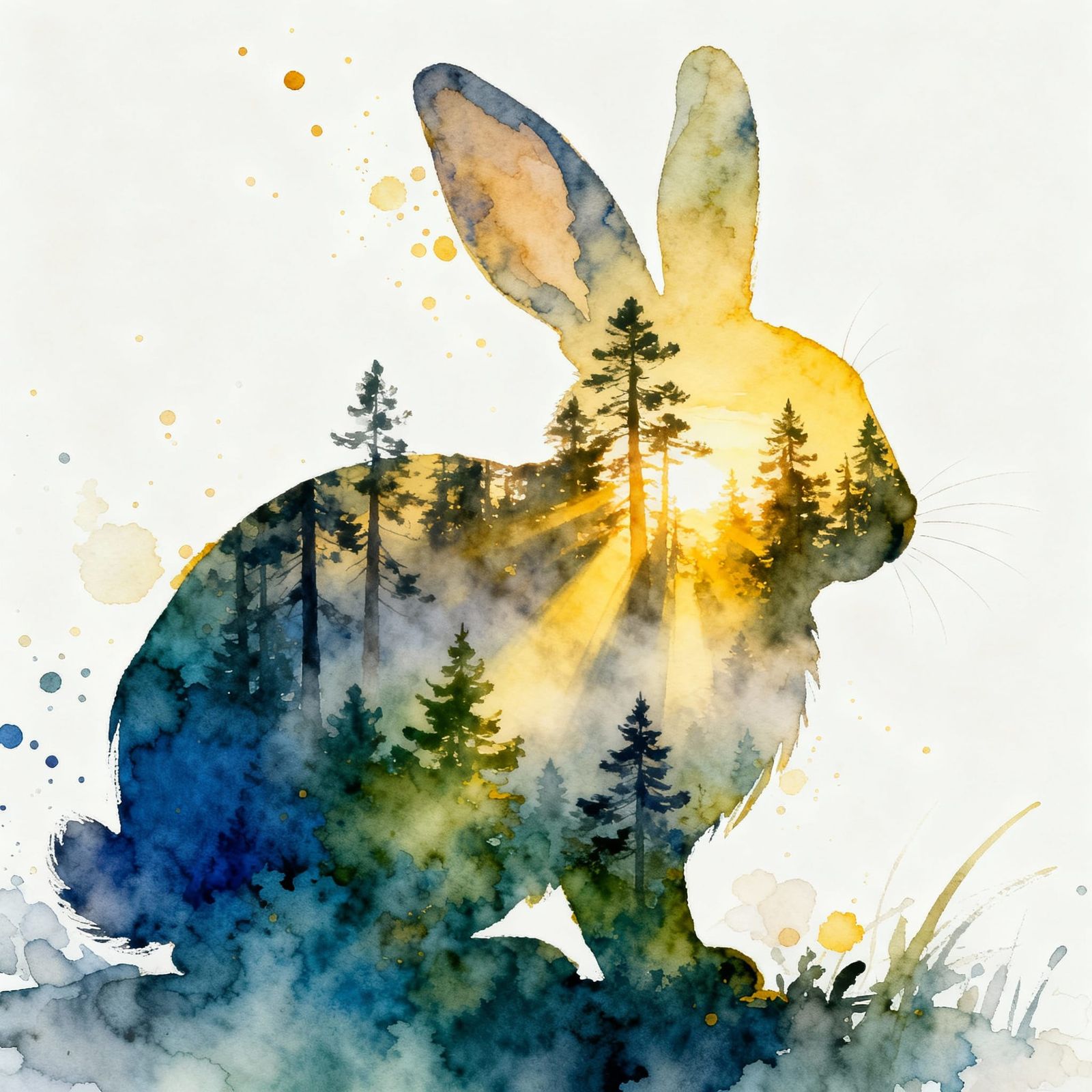 Rabbit Silhouette Double Exposure with Mystical Forest at Da...