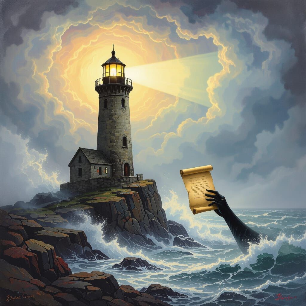 Ancient Lighthouse Beam Pierces Dreamlike Fog