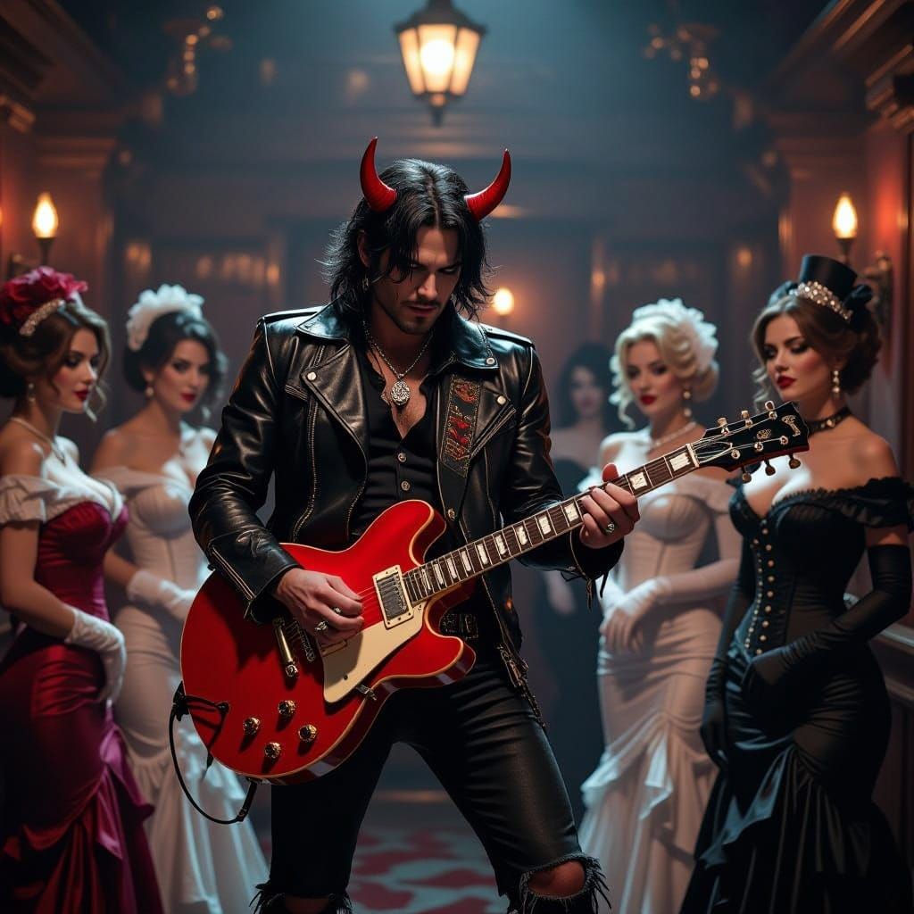 Sultry Devil Shreds Guitar as Lusty Ladies Surround Him