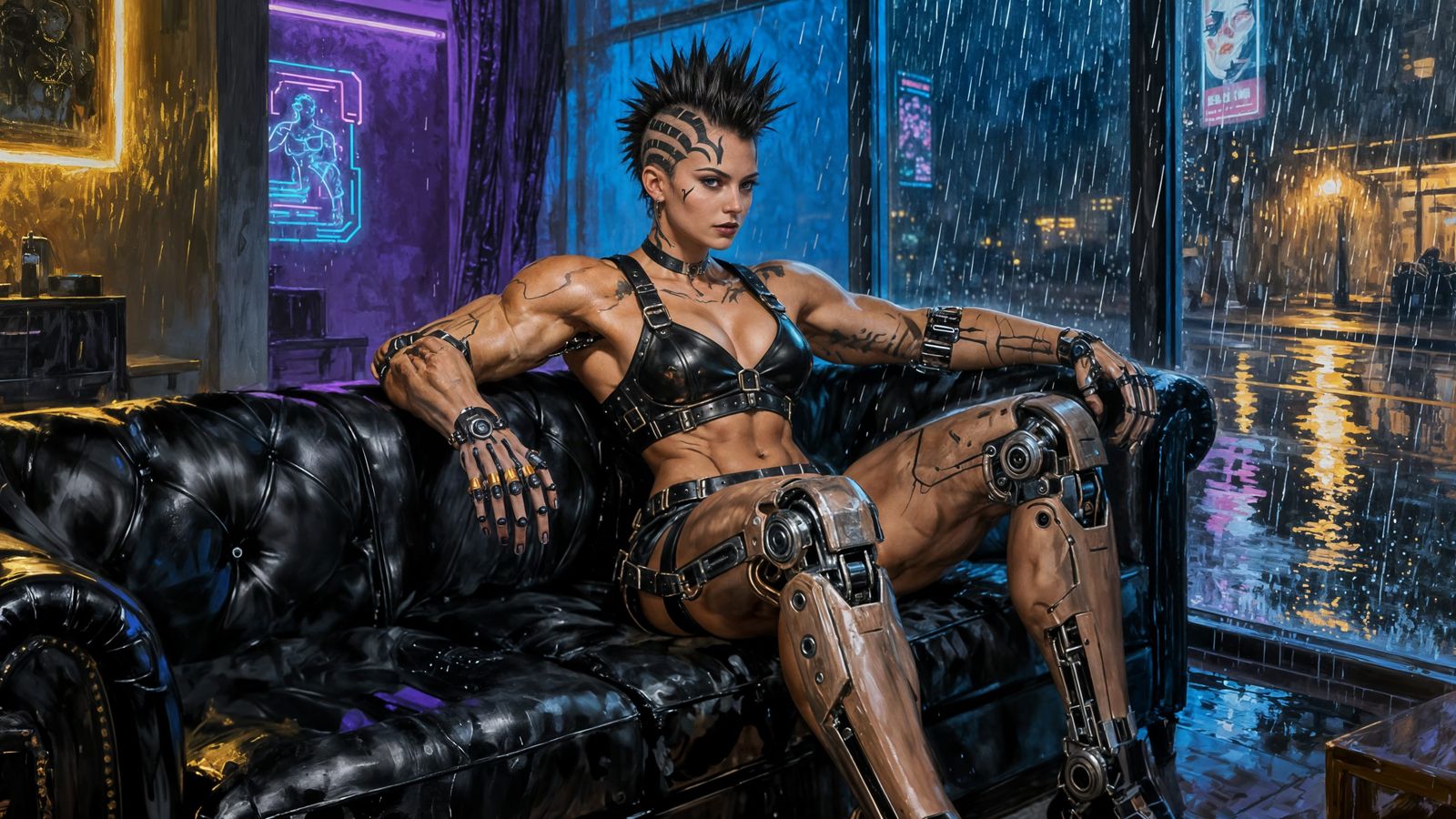 Gothic Woman with Mohawk in Cyberpunk Apartment