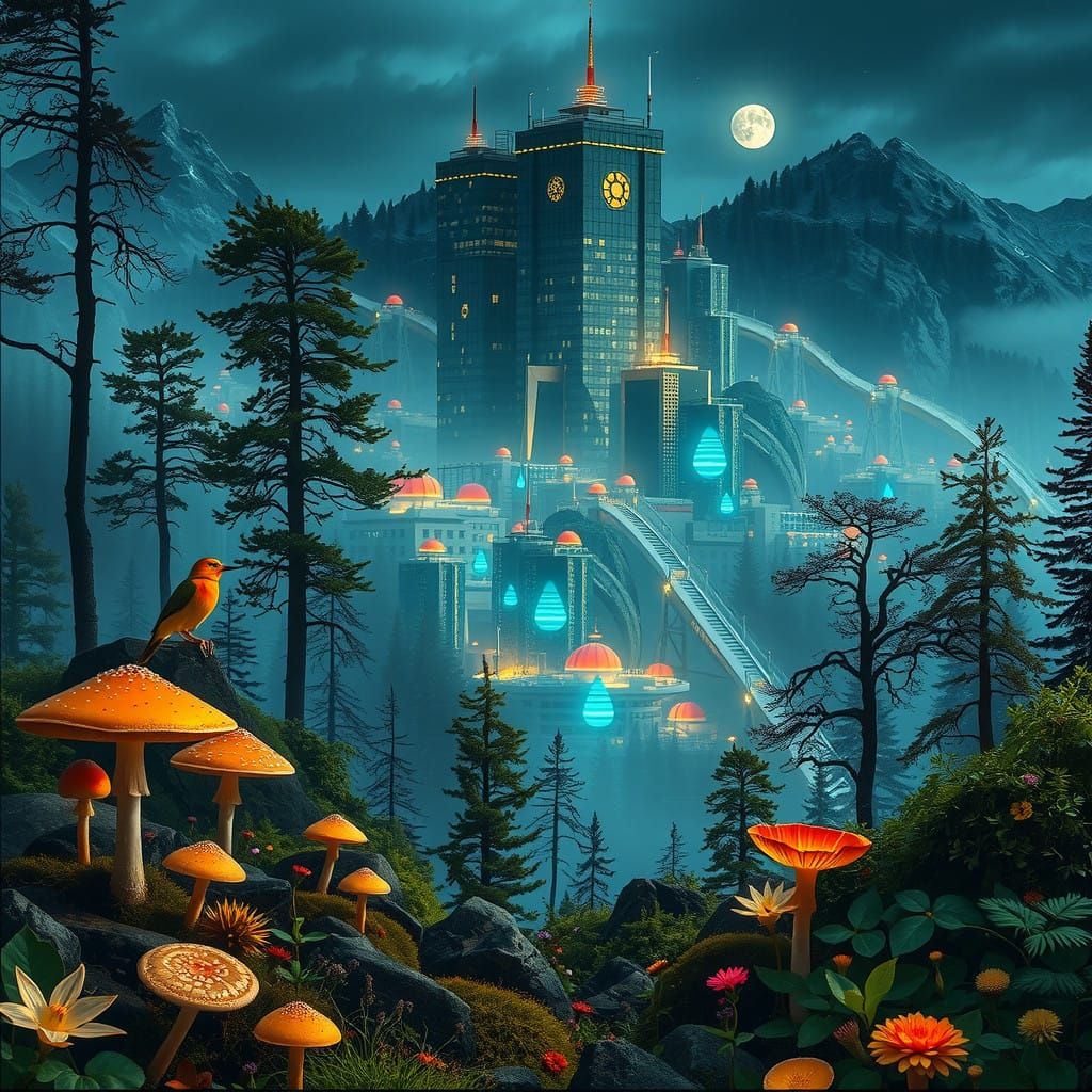 Cyberpunk City Merges with Enchanted Conifer Forest