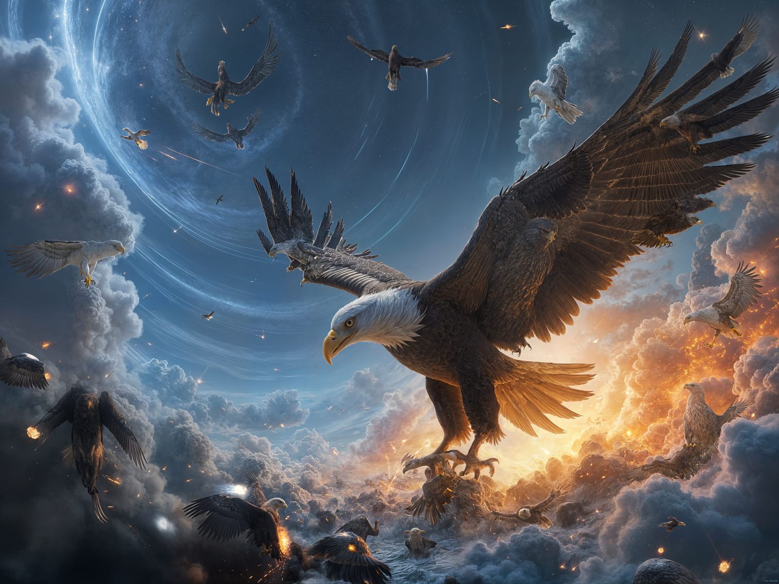 Hyperrealistic Eagle Stepping into Infinity in a Swirling Vo...