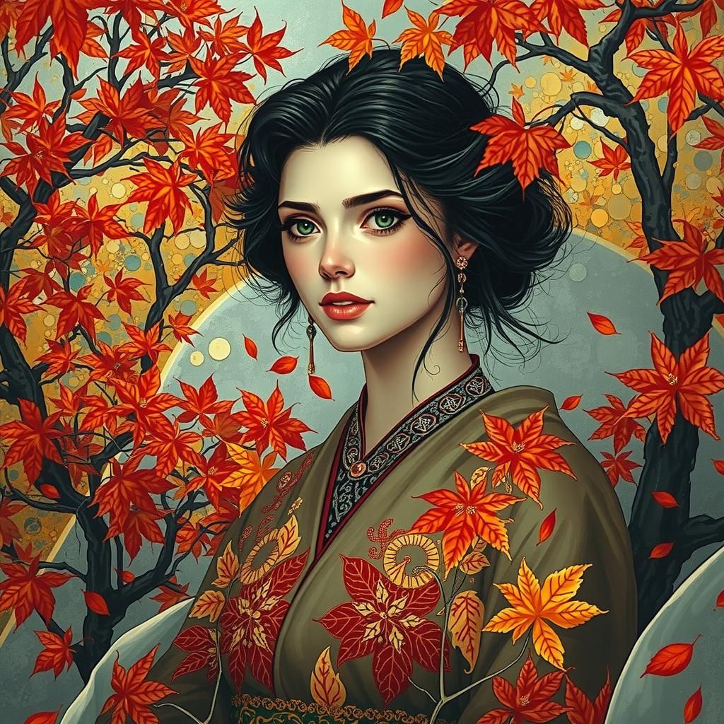 Woman in Autumn Landscape, Klimt-inspired Art