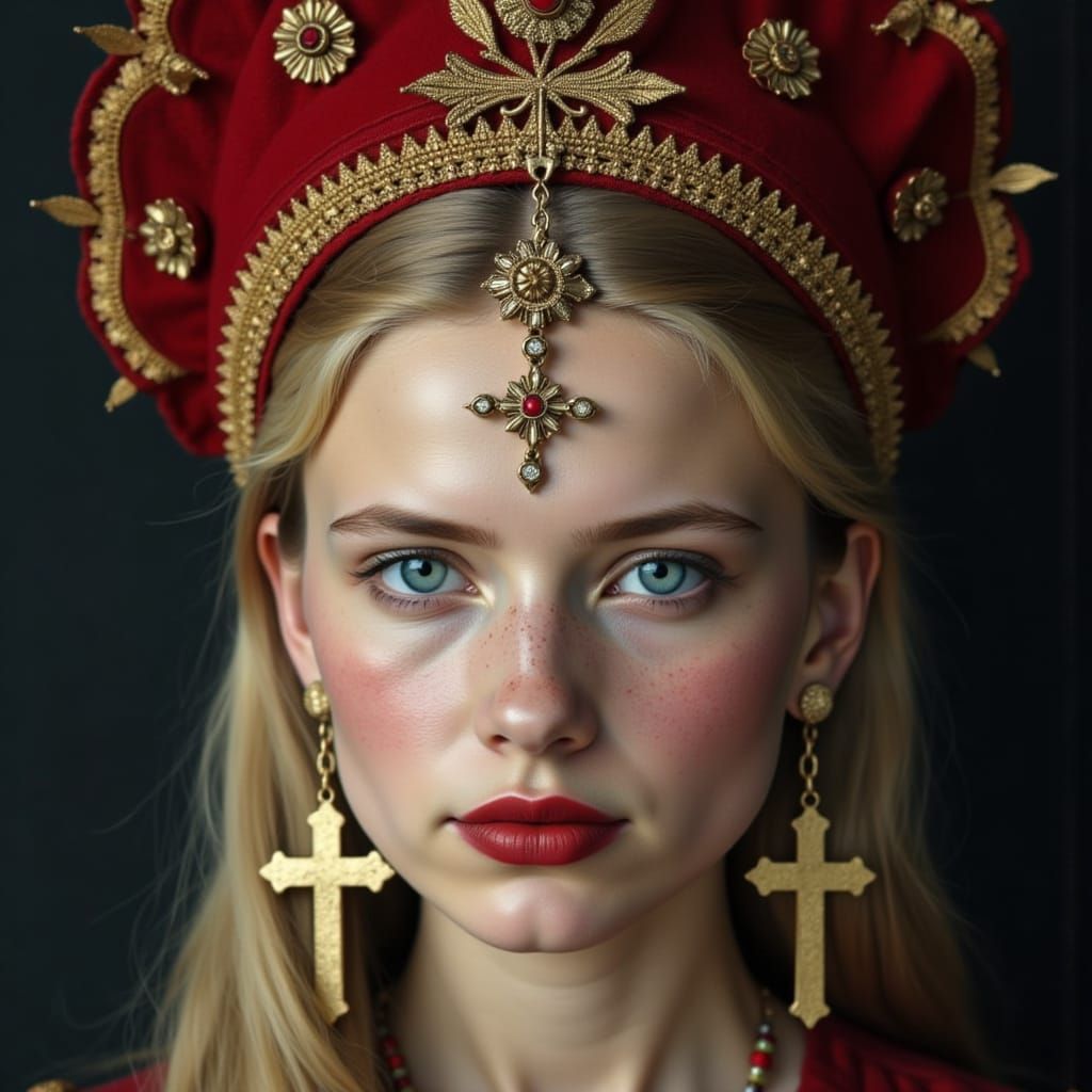 Portrait of a Russian Woman with Traditional Headdress
