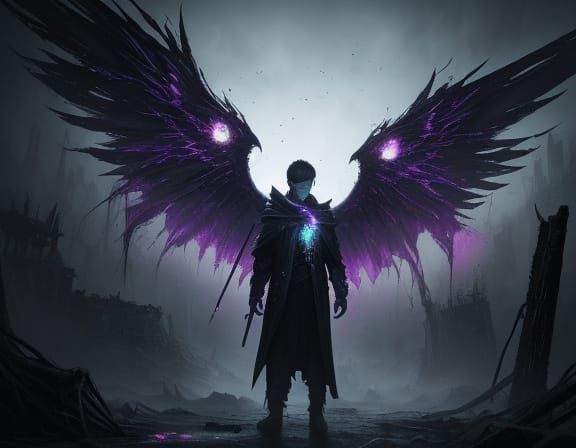 Eerie Dystopian Boy with Spectral Wings and Glowing Eyes