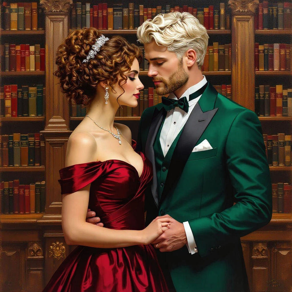 Elegant Couple in Library, Oil Painting Style