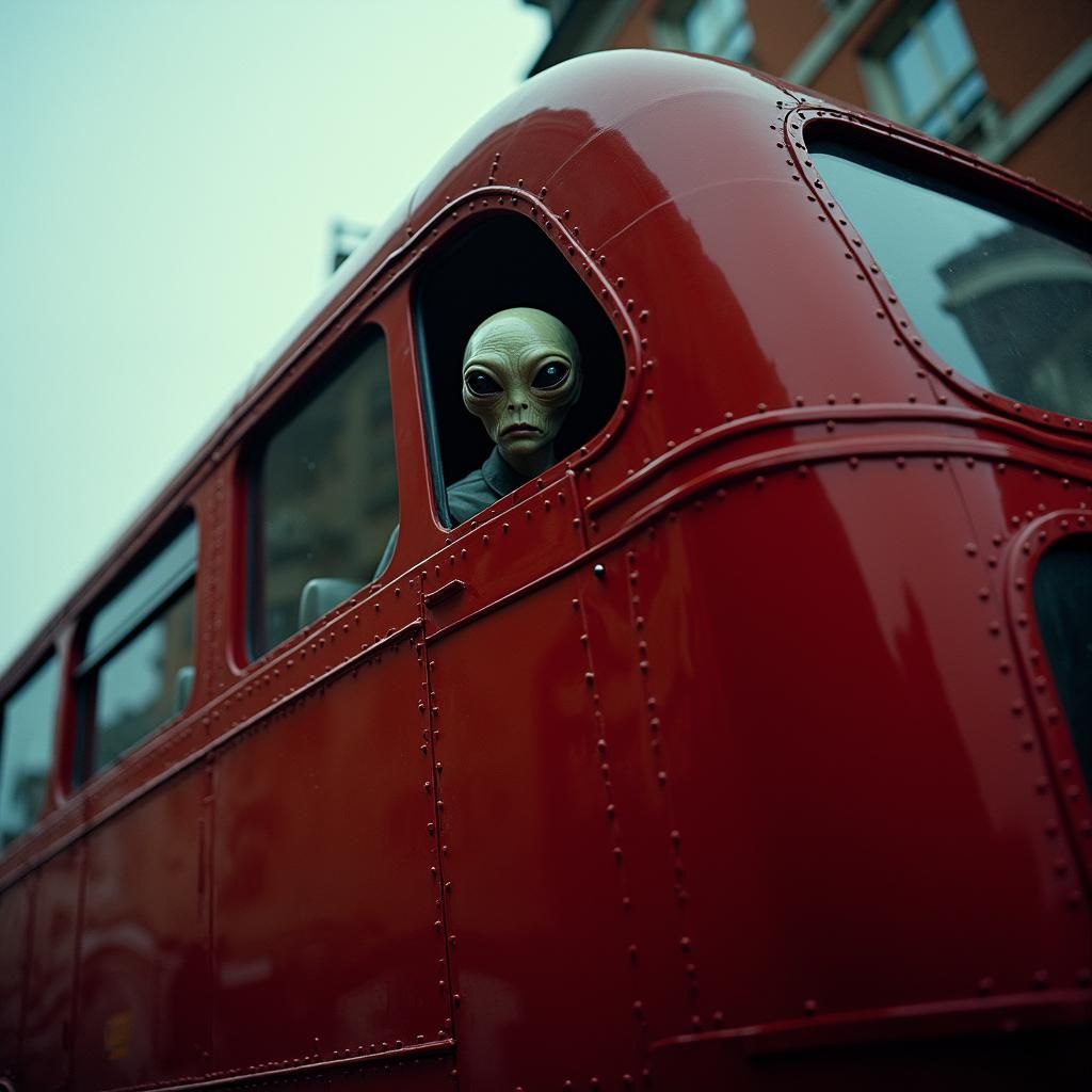 Crimson London Bus with Alien Passenger