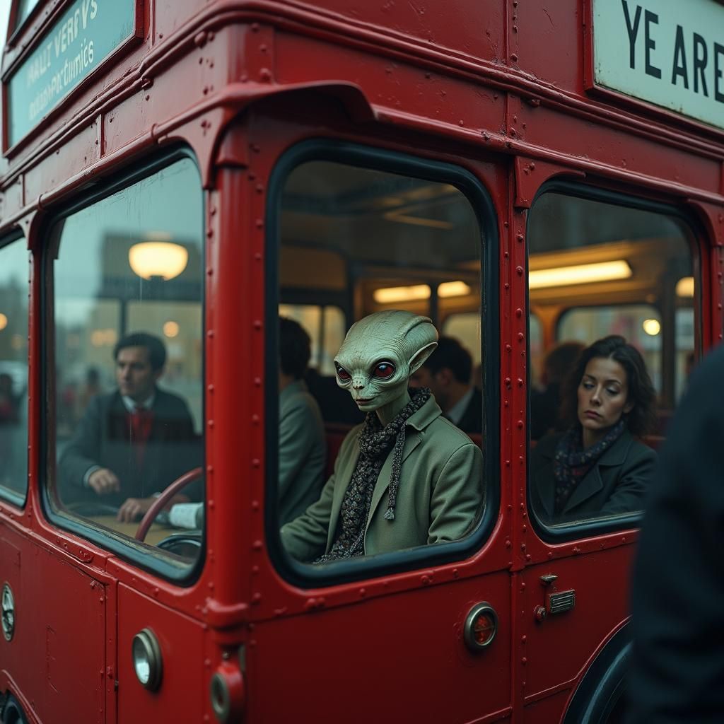 Vintage Bus with Alien Passenger, Hyperrealistic Style