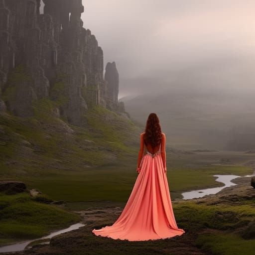 Girl in Ballgown in Dramatic Landscape