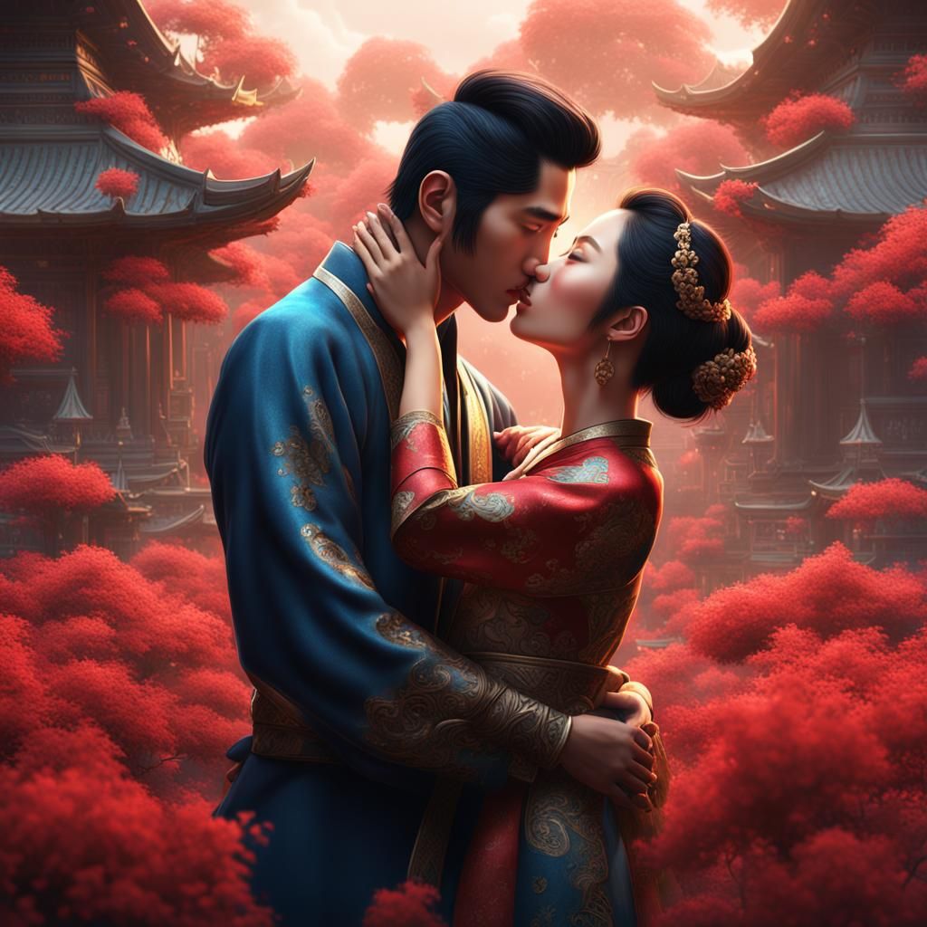 Asian Couple Kissing: Detailed Fantasy Art