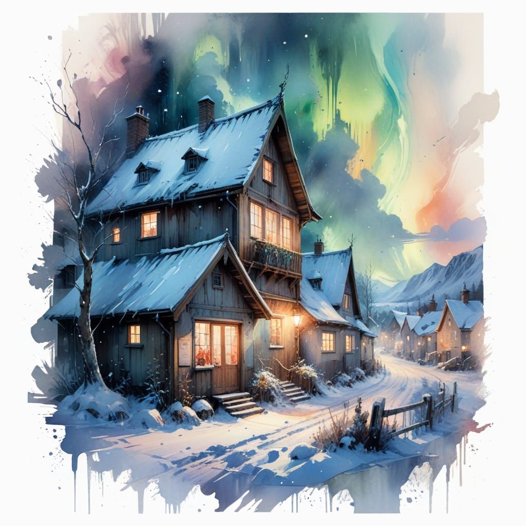 Nordic Village Under Northern Lights in Watercolour Style