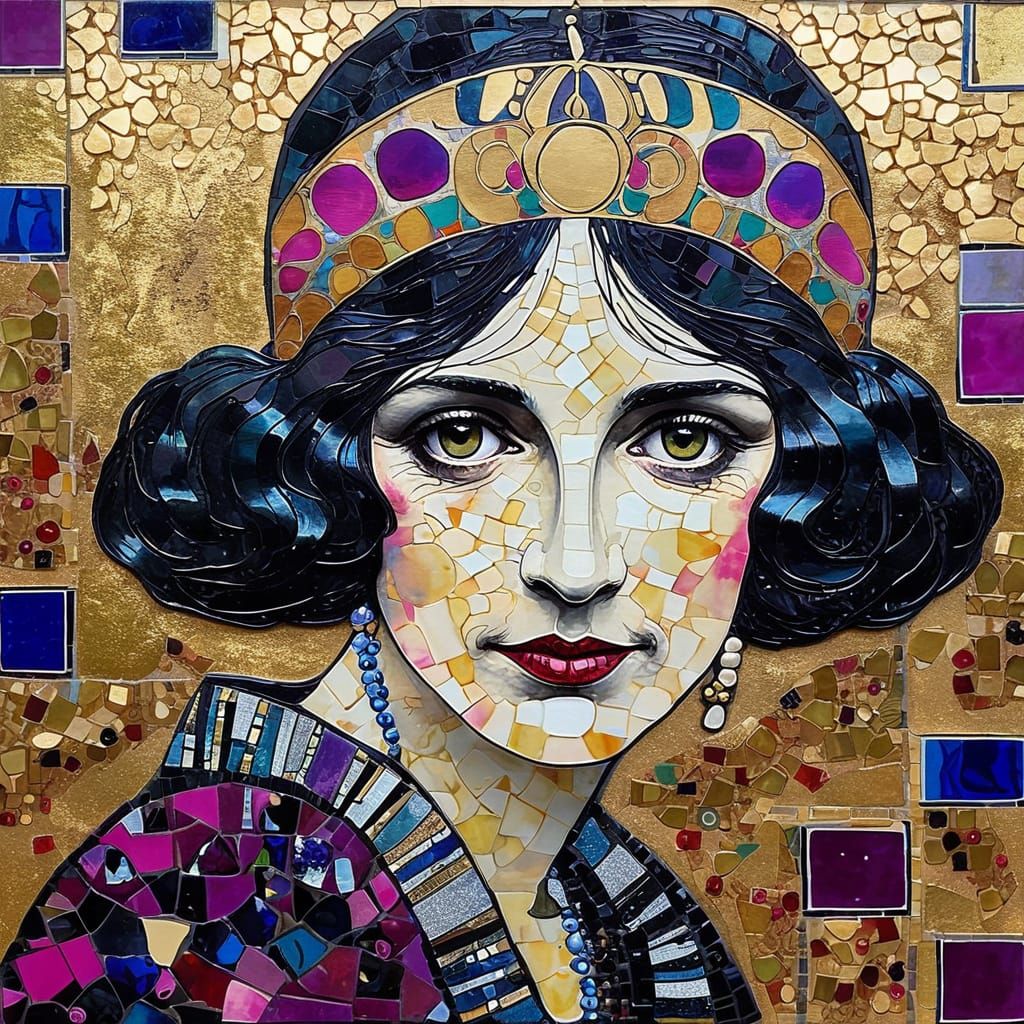 Art Deco Klimt Portrait of Agatha with Mosaic Tiles