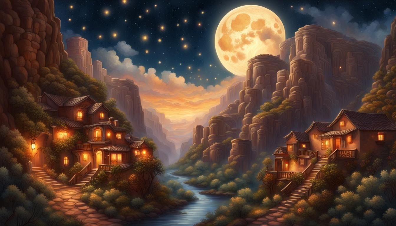 Moonlit Canyon Village Oil Painting with Starry Sky