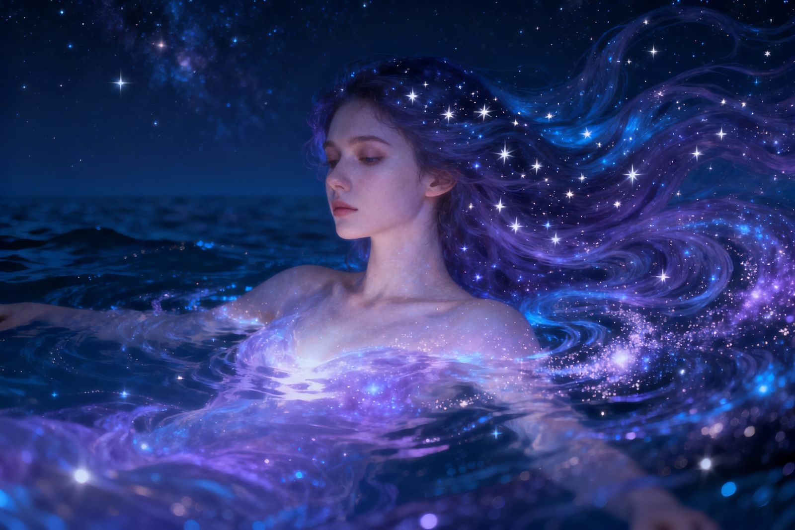 Ethereal Woman Floating in Cosmic Ocean